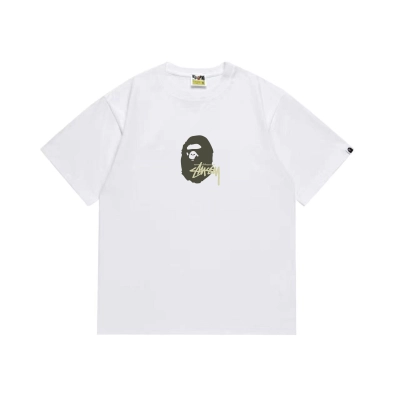 EM Sneakers Bape × Stussy T-Shirt-210 Green Head and Yellow Letter White 01