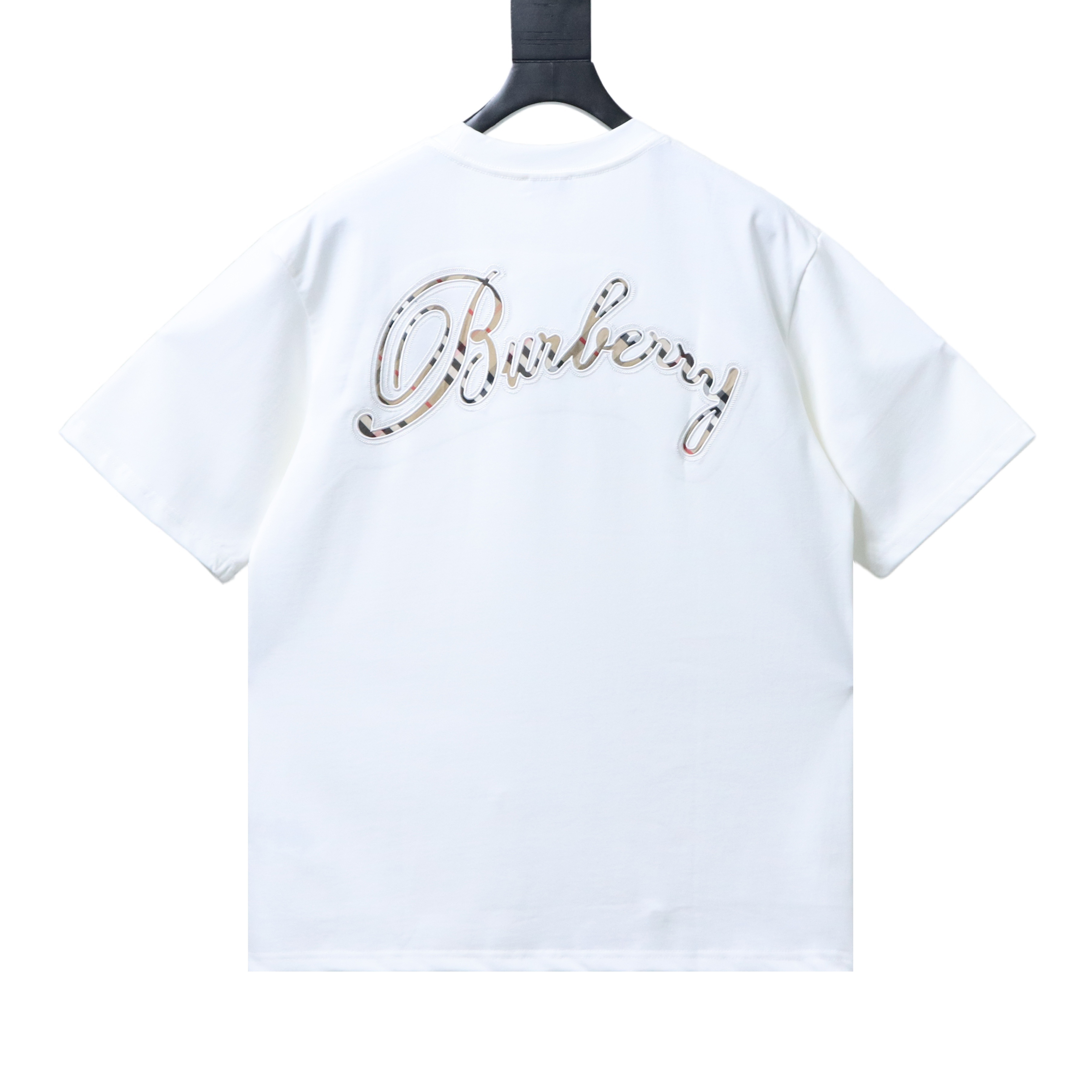 EM Sneakers Burberry T-Shirt with Front Embroidery Back Plaid Patch and Letter Print White