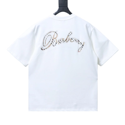 EM Sneakers Burberry T-Shirt with Front Embroidery Back Plaid Patch and Letter Print White 01