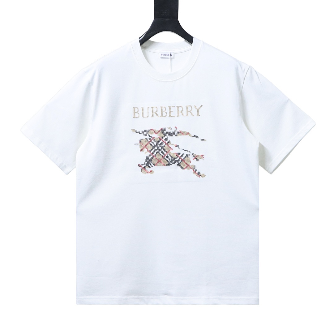 EM Sneakers Burberry Cross-Stitch Plaid & Equestrian Knight Print T-Shirt White