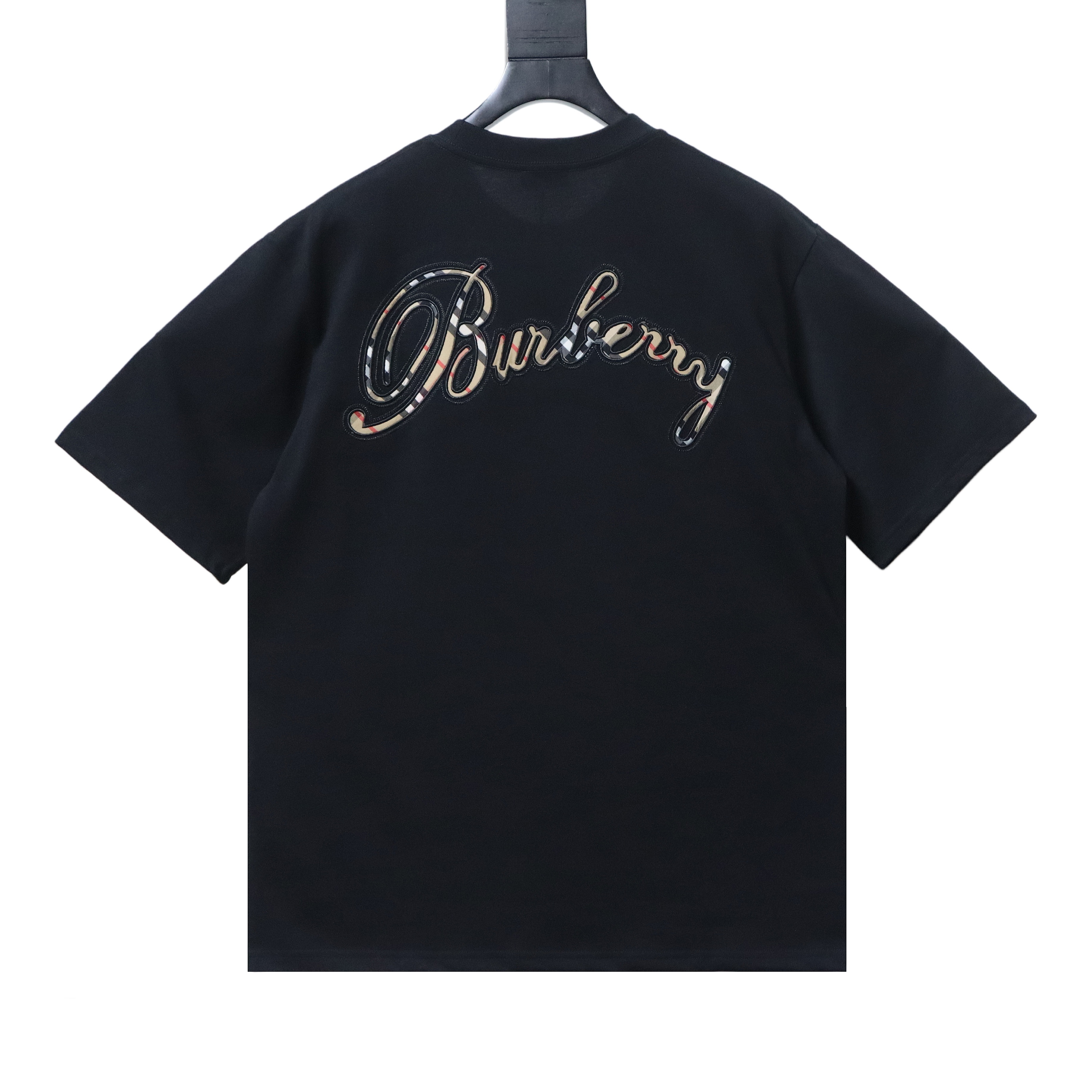 EM Sneakers Burberry T-Shirt with Front Embroidery Back Plaid Patch and Letter Print Black