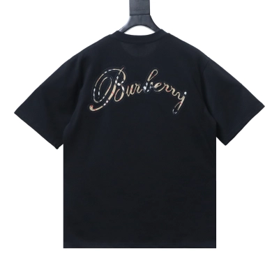 EM Sneakers Burberry T-Shirt with Front Embroidery Back Plaid Patch and Letter Print Black 01