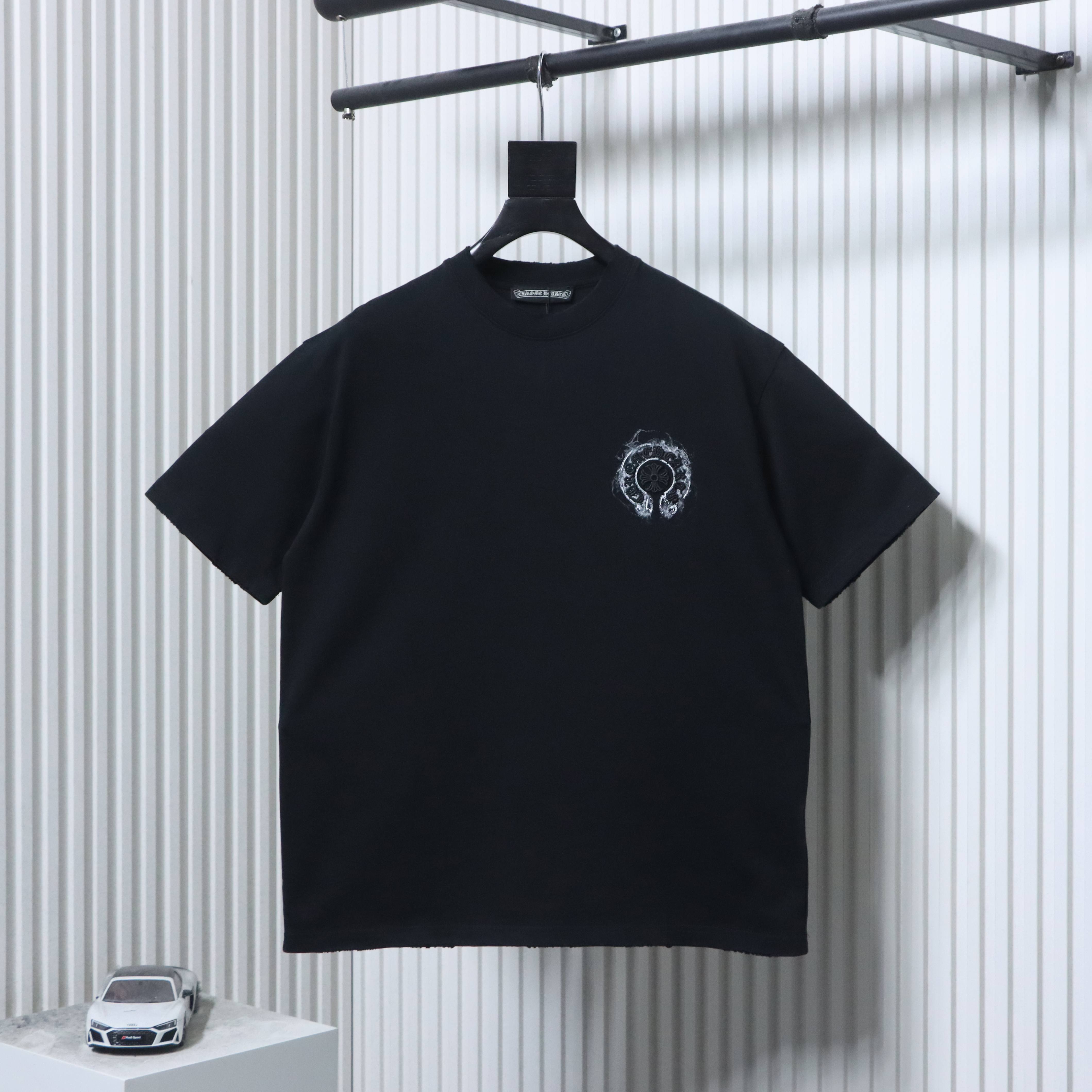 EM Sneakers Chrome Hearts Horseshoe Embroidery Smoke-Effect Ink Splatter Washed & Distressed T-Shirt Black