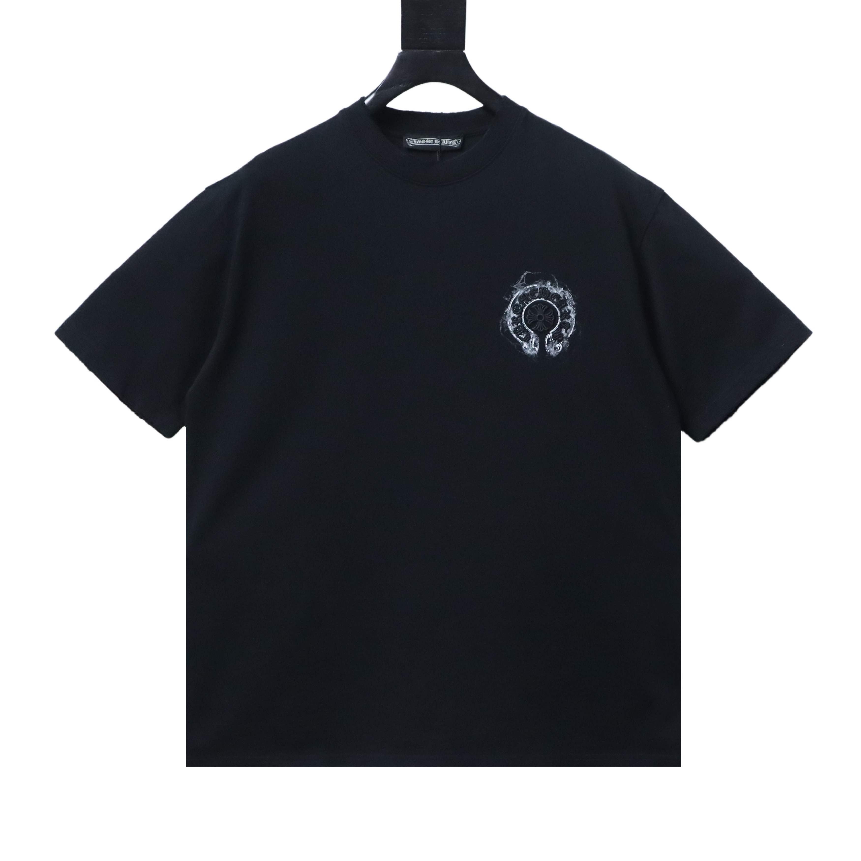 EM Sneakers Chrome Hearts Horseshoe Embroidery Smoke-Effect Ink Splatter Washed & Distressed T-Shirt Black