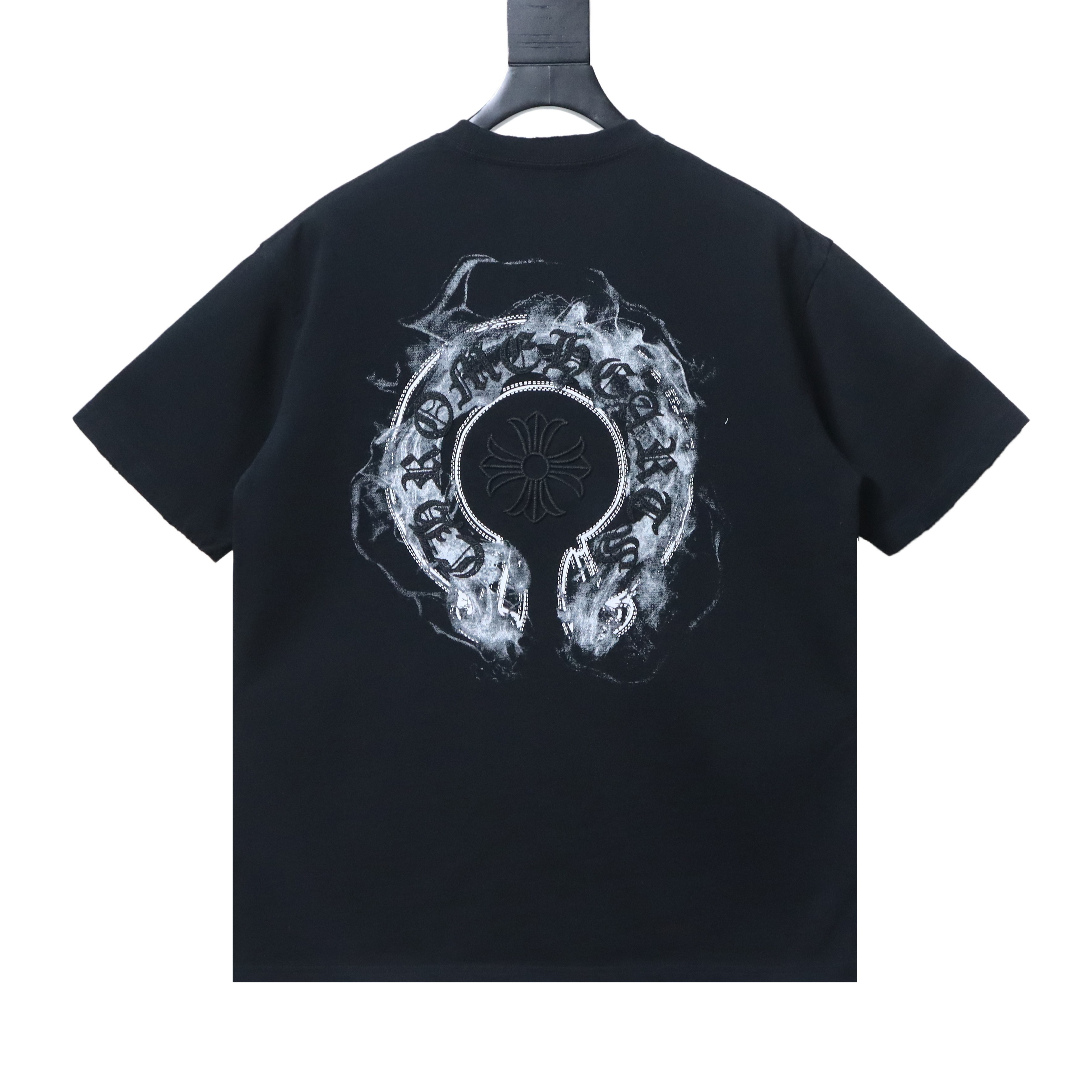 EM Sneakers Chrome Hearts Horseshoe Embroidery Smoke-Effect Ink Splatter Washed & Distressed T-Shirt Black