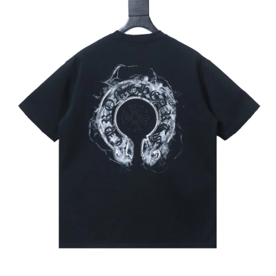 EM Sneakers Chrome Hearts Horseshoe Embroidery Smoke-Effect Ink Splatter Washed & Distressed T-Shirt Black 02