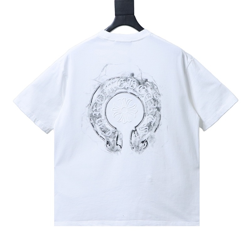 EM Sneakers Chrome Hearts Horseshoe Embroidery Smoke-Effect Ink Splatter Washed & Distressed T-Shirt White