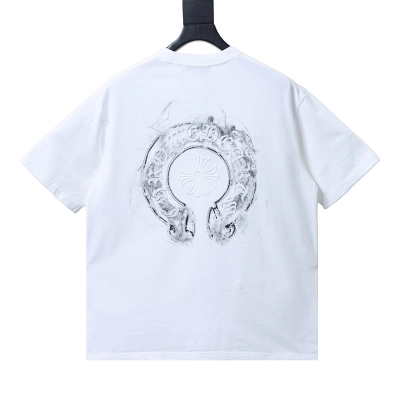 EM Sneakers Chrome Hearts Horseshoe Embroidery Smoke-Effect Ink Splatter Washed & Distressed T-Shirt White 02