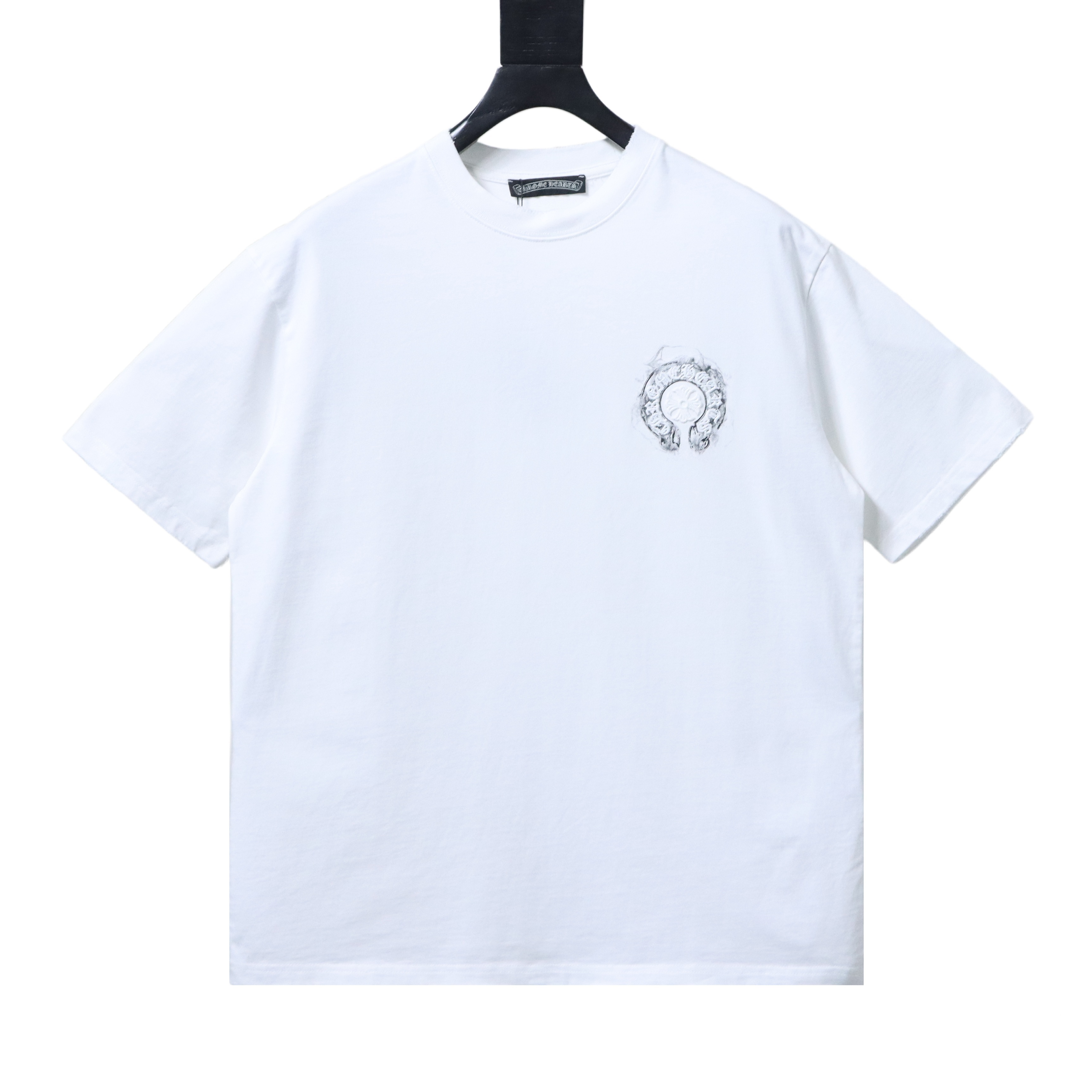 EM Sneakers Chrome Hearts Horseshoe Embroidery Smoke-Effect Ink Splatter Washed & Distressed T-Shirt White