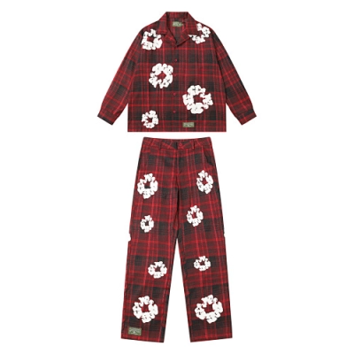 EM Sneakers Denim Tears × Hardies NYC Cotton Wreath Flannel Long-Sleeve Shirt & Pant Sets Red Plaid 01