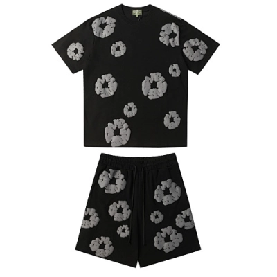 EM Sneakers Denim Tears The Gray Cotton Wreath T-Shirt & Short Pants Sets Black 01