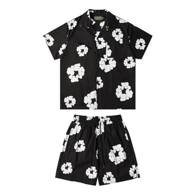 EM Sneakers Denim Tears White Cotton Wreath Short-Sleeve Shirt & Shorts Sets #386-8203 Black 01