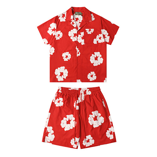 EM Sneakers Denim Tears White Cotton Wreath Short-Sleeve Shirt & Shorts Sets #386-8203 Red