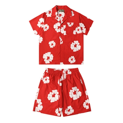 EM Sneakers Denim Tears White Cotton Wreath Short-Sleeve Shirt & Shorts Sets #386-8203 Red 01
