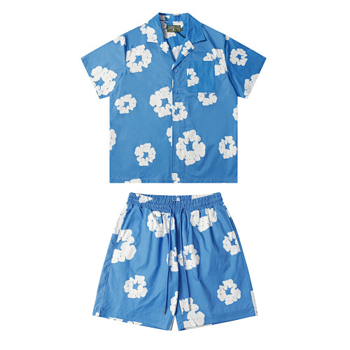 EM Sneakers Denim Tears White Cotton Wreath Short-Sleeve Shirt & Shorts Sets #386-8203 Blue