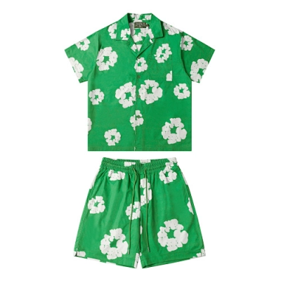 EM Sneakers Denim Tears White Cotton Wreath Short-Sleeve Shirt & Shorts Sets #386-8203 Green 01