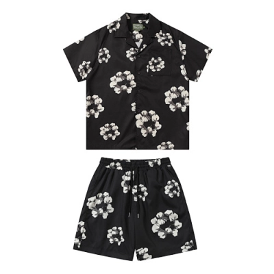 EM Sneakers Denim Tears White Cotton Wreath Short-Sleeve Shirt & Shorts Sets Black 01
