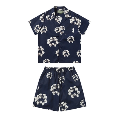 EM Sneakers Denim Tears White Cotton Wreath Short-Sleeve Shirt & Shorts Sets Navy 01