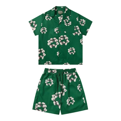 EM Sneakers Denim Tears White Cotton Wreath Short-Sleeve Shirt & Shorts Sets Green 01