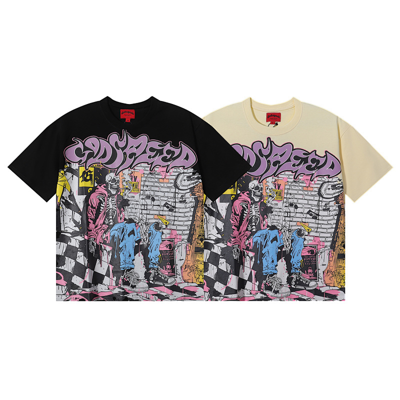 EM Sneakers GodspeedGraffiti Wall Skull Artist Print T-Shirt #7013 Black /Apricot