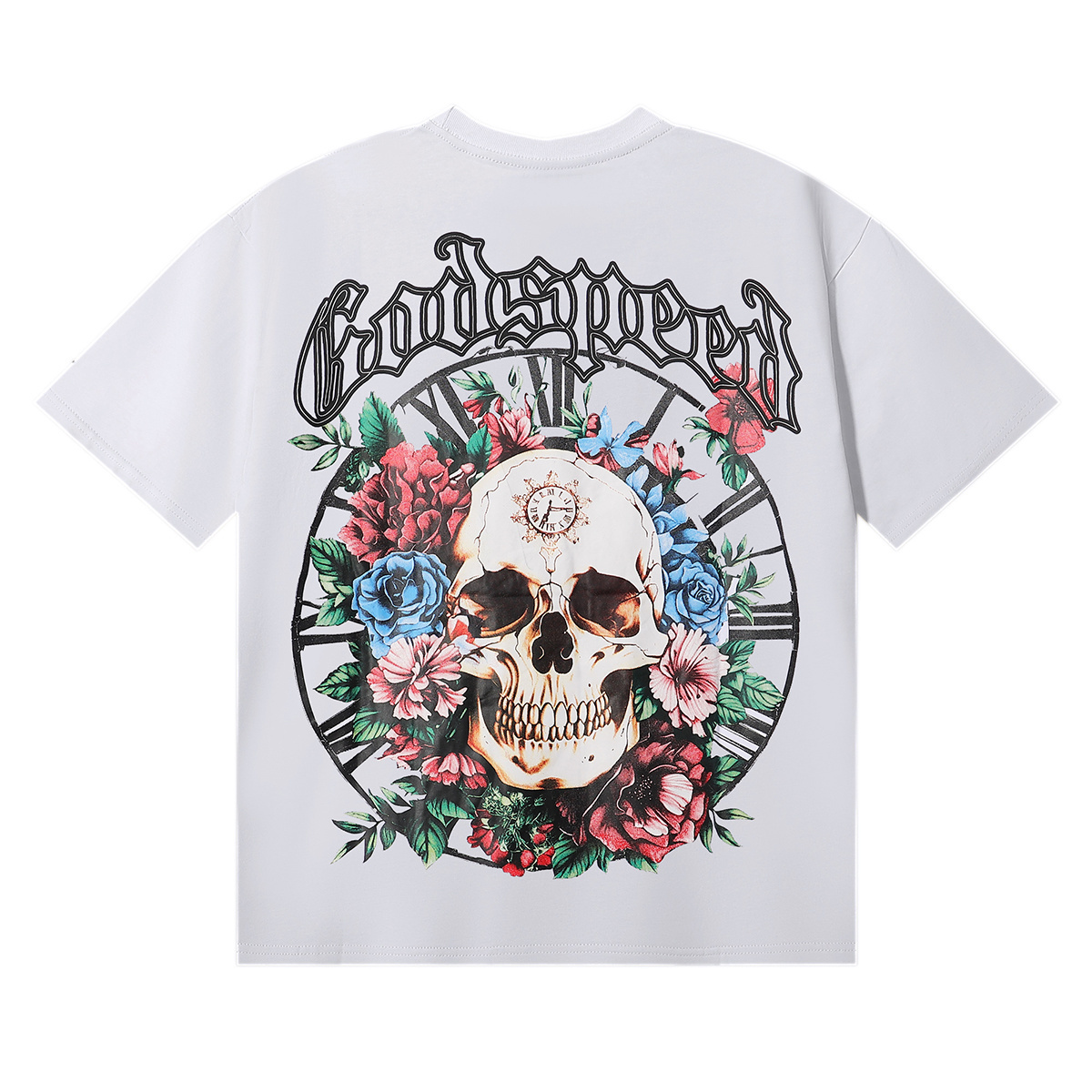 EM Sneakers Godspeed Skull and Rose Clock Face Print T-Shirt #7022 Black /White /Apricot