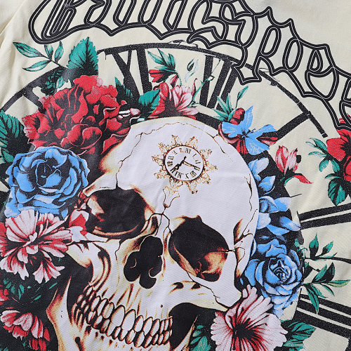 EM Sneakers Godspeed Skull and Rose Clock Face Print T-Shirt #7022 Black /White /Apricot