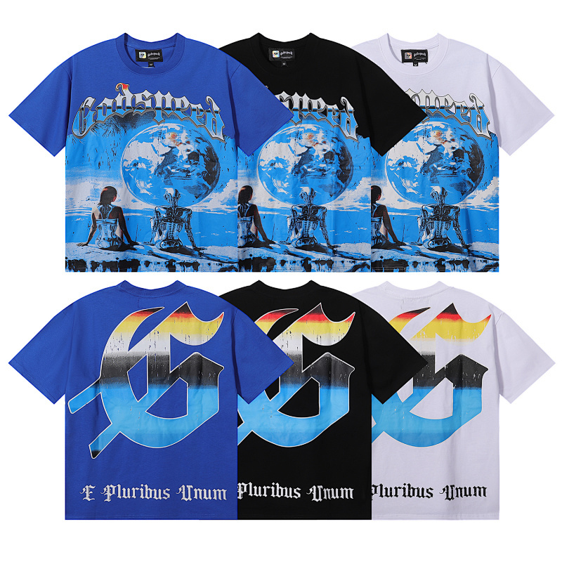 EM Sneakers Godspeed Tech Person & Earth Graphic T-Shirt #7008 Black /White /Blue