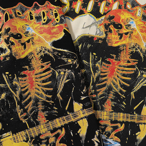 EM Sneakers Godspeed Guitar Skull Denim Print T-Shirt #7030 Black /Apricot