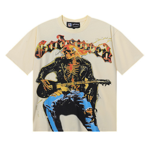 EM Sneakers Godspeed Guitar Skull Denim Print T-Shirt #7030 Black /Apricot