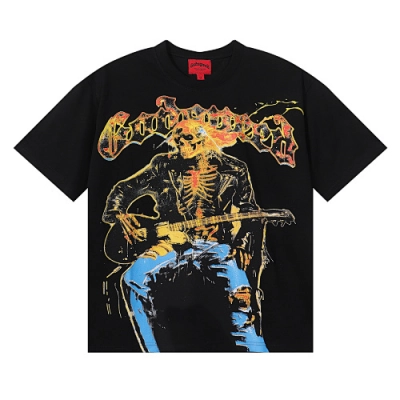 EM Sneakers Godspeed Guitar Skull Denim Print T-Shirt #7030 Black /Apricot 02