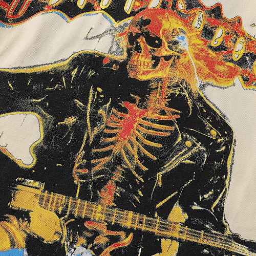 EM Sneakers Godspeed Guitar Skull Denim Print T-Shirt #7030 Black /Apricot