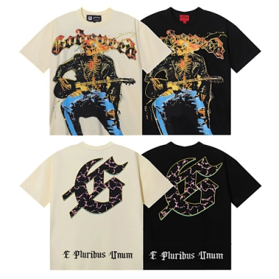 EM Sneakers Godspeed Guitar Skull Denim Print T-Shirt #7030 Black /Apricot 01