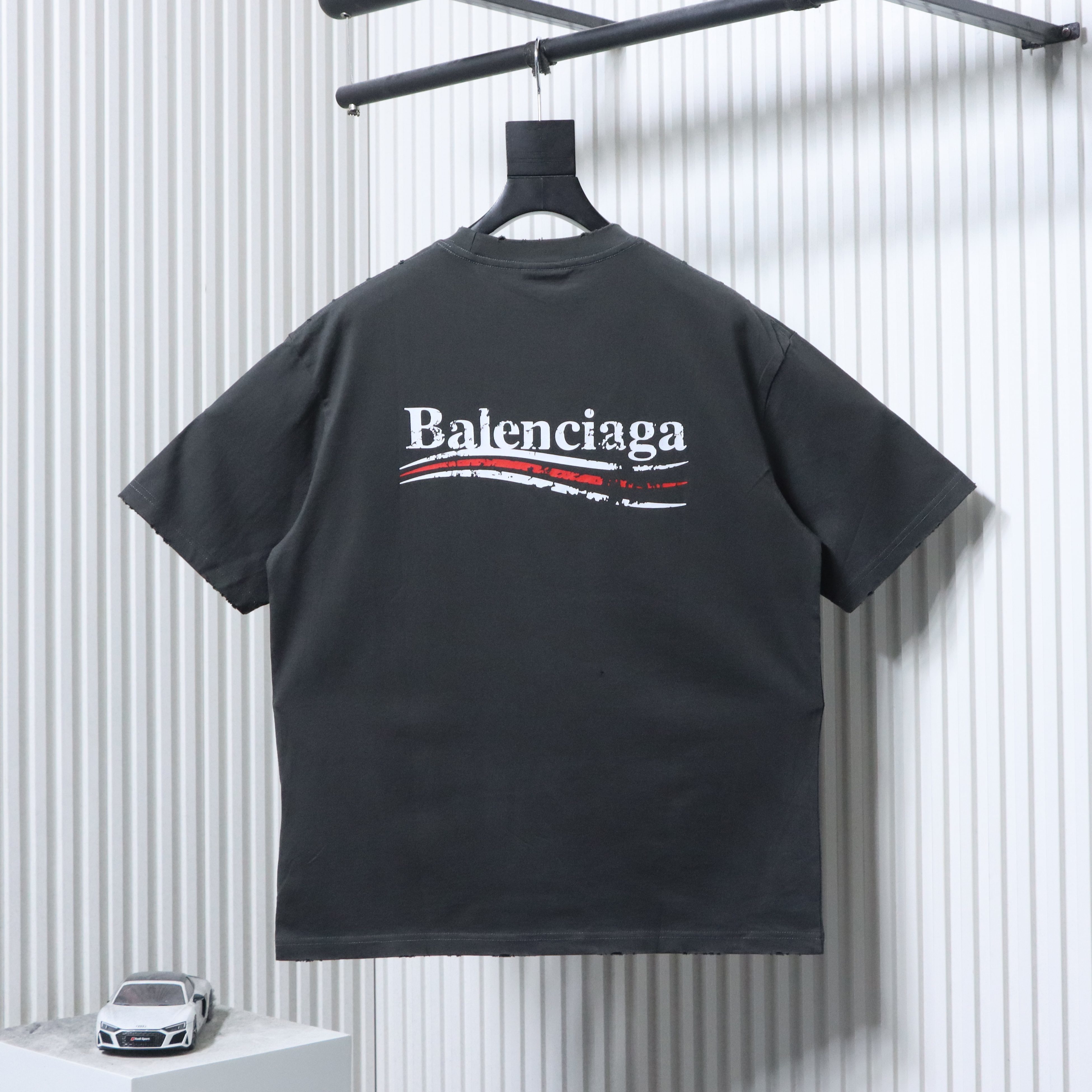EM Sneakers Balenciaga Distressed T-Shirt with Faded Cola Print and Rips Dark Gray
