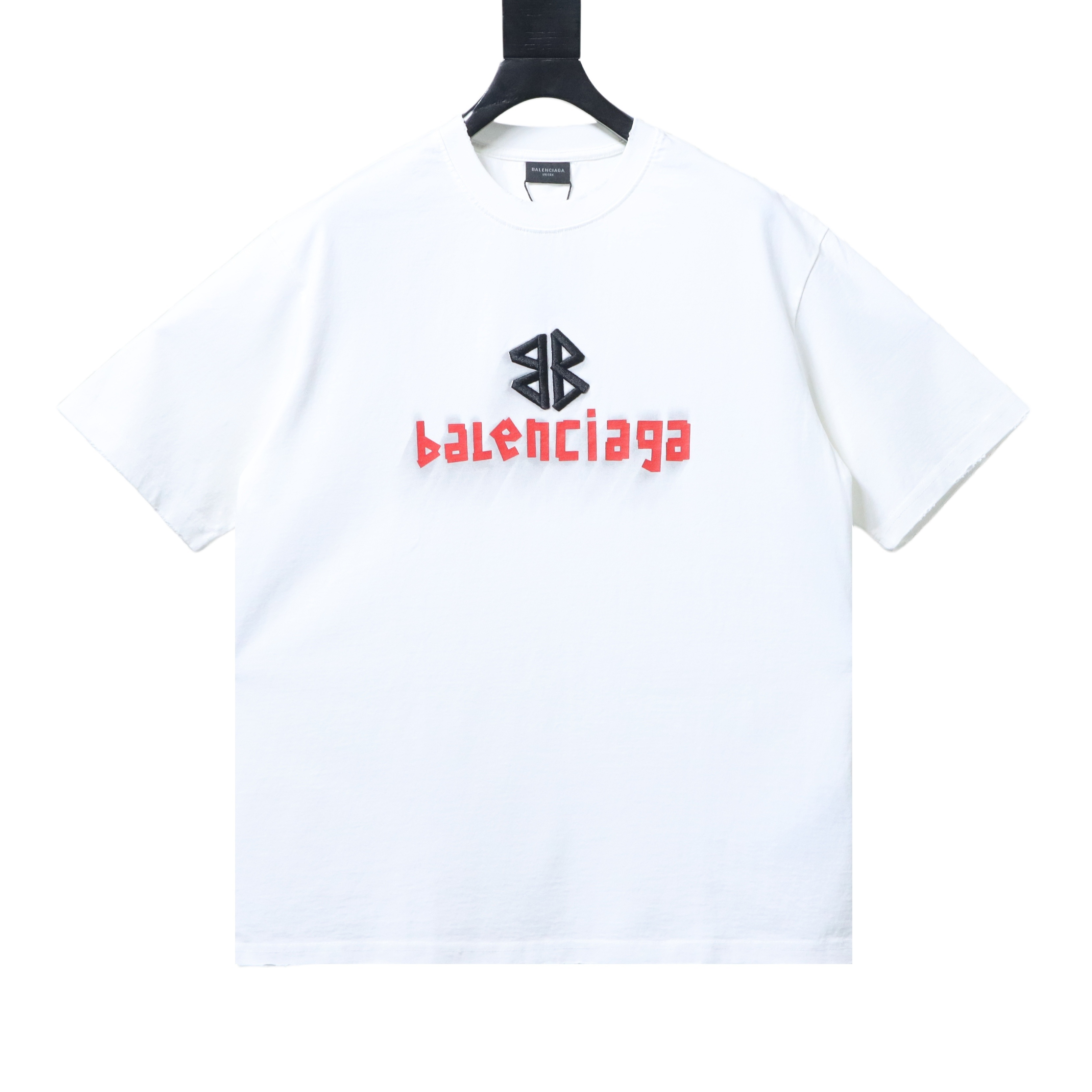 EM Sneakers Balenciaga SS25 Distressed T-Shirt featuring Double-B Embroidery and 3D Shadow Inkjet Logo White