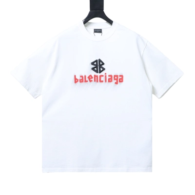 EM Sneakers Balenciaga SS25 Distressed T-Shirt featuring Double-B Embroidery and 3D Shadow Inkjet Logo White 01