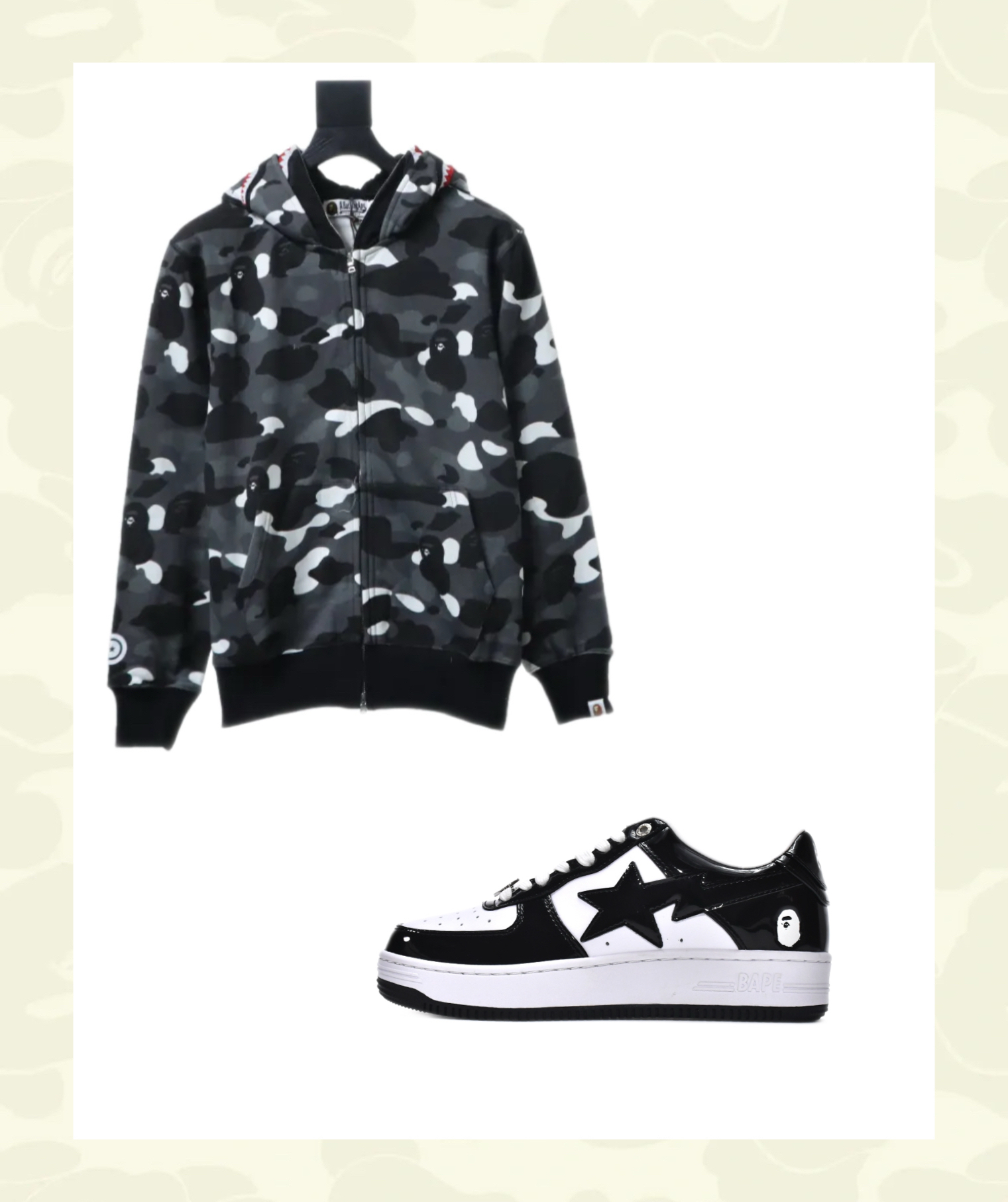 EM Sneakers BAPE Black and White Camouflage Shark Cool Autumn and Winter Shoes and Clothing Set