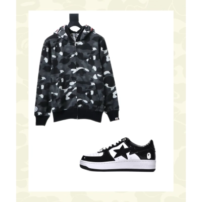 EM Sneakers BAPE Black and White Camouflage Shark Cool Autumn and Winter Shoes and Clothing Set 01