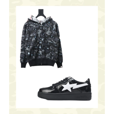 EM Sneakers BAPE Black and White Shark Cool Autumn and Winter Shoes and Clothing Set 01