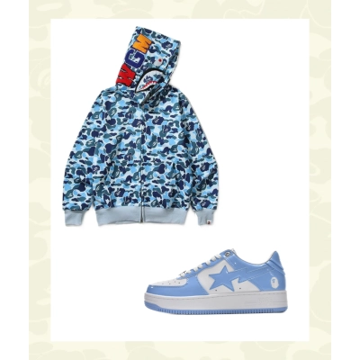 EM Sneakers BAPE Blue Shark Cool Autumn and Winter Shoes and Clothing Set 01