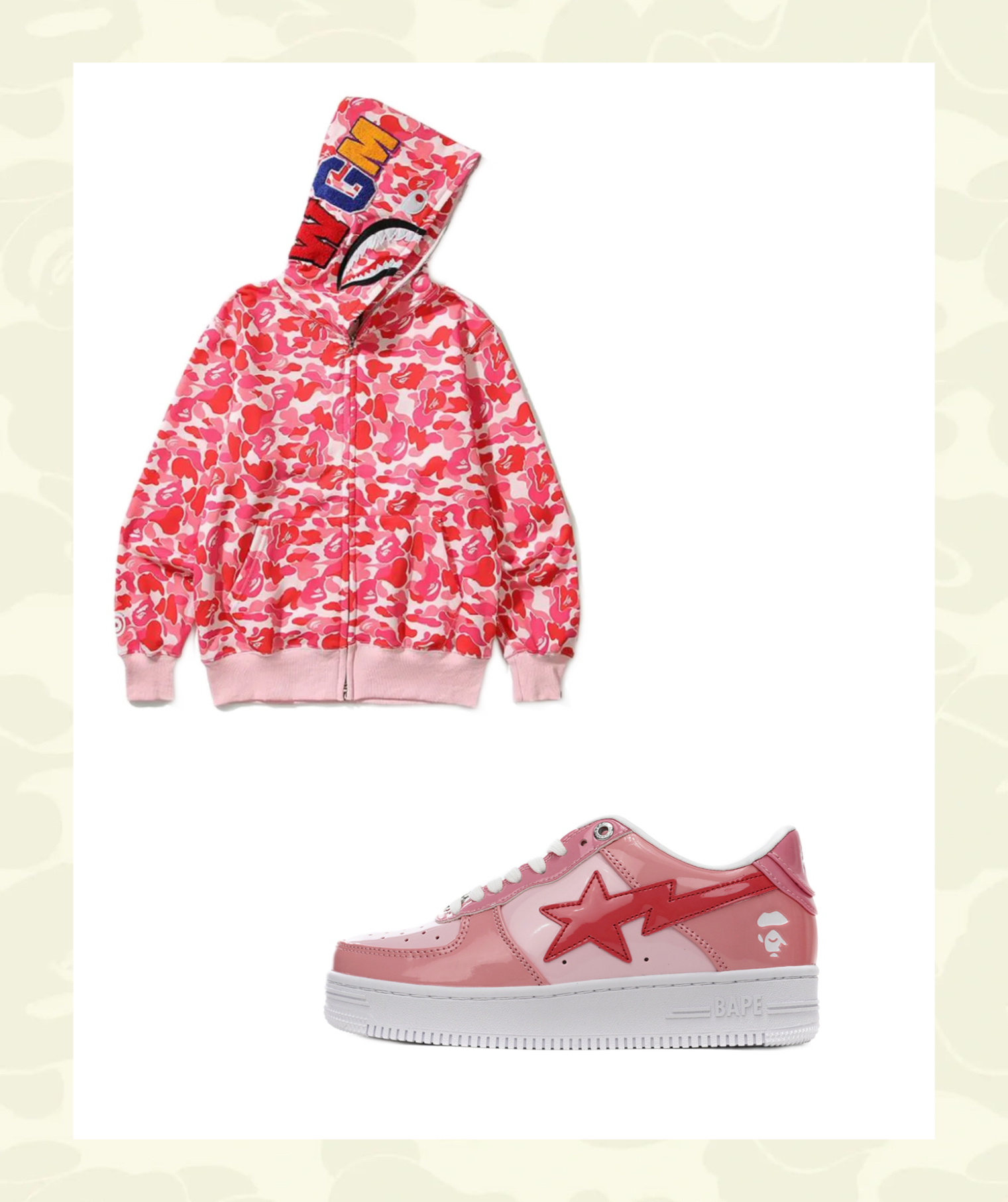 EM Sneakers BAPE Pink Shark Cool Autumn and Winter Shoes and Clothing Set