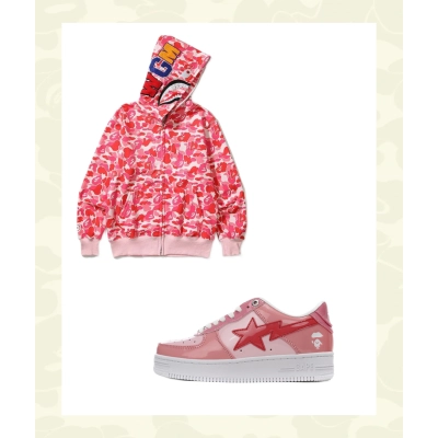 EM Sneakers BAPE Pink Shark Cool Autumn and Winter Shoes and Clothing Set 01
