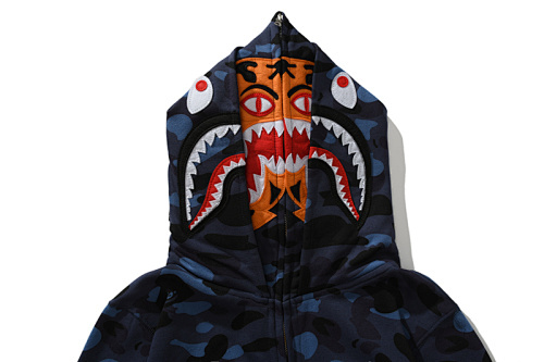 EM Sneakers BAPE Shark Head Tiger Head Zipper Camouflage Double Hooded Hoodie Blue