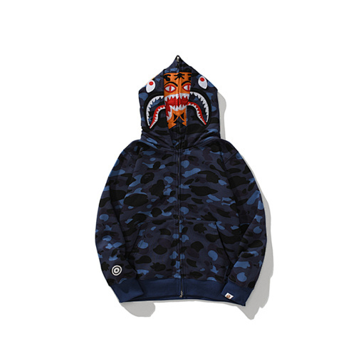 EM Sneakers BAPE Shark Head Tiger Head Zipper Camouflage Double Hooded Hoodie Blue