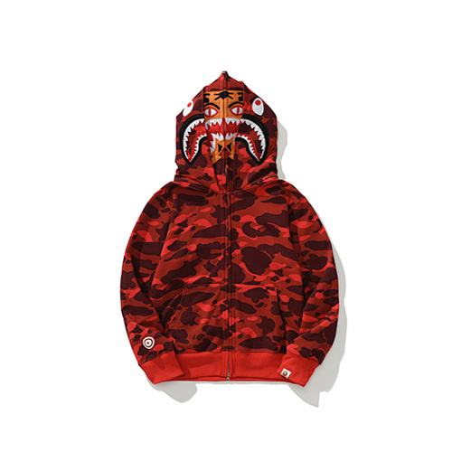 EM Sneakers BAPE Shark Head Tiger Head Zipper Camouflage Double Hooded Hoodie Red
