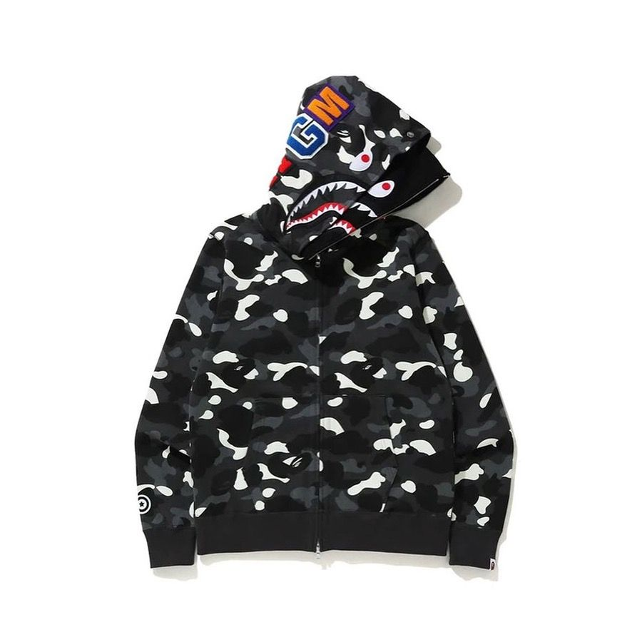EM Sneakers BAPE Shark Head Tiger Head Zipper Luminous Camouflage Double Hooded Hoodie Dark Gray