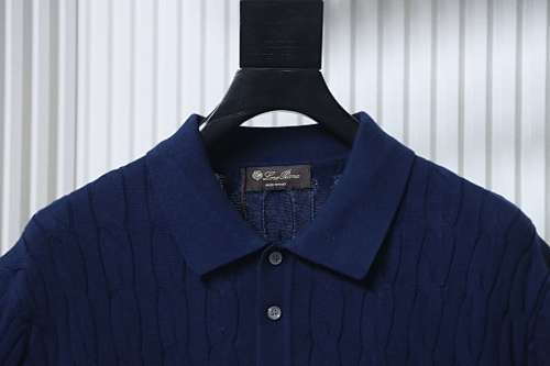 EM Sneakers Loro Piana LP Cable-Knit Short-Sleeve Polo Shirt Navy