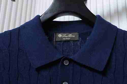 EM Sneakers Loro Piana LP Cable-Knit Short-Sleeve Polo Shirt Navy