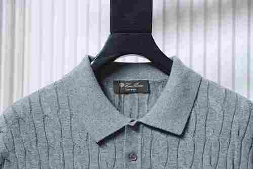 EM Sneakers Loro Piana LP Cable-Knit Short-Sleeve Polo Shirt Gray