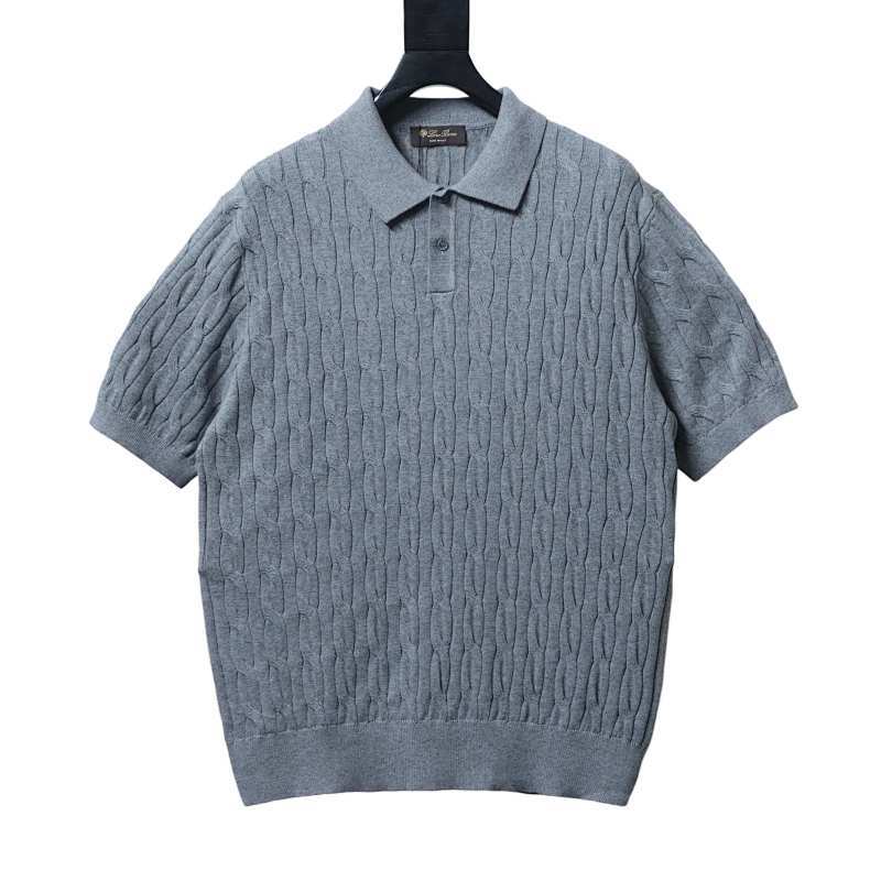 EM Sneakers Loro Piana LP Cable-Knit Short-Sleeve Polo Shirt Gray