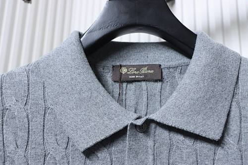 EM Sneakers Loro Piana LP Cable-Knit Short-Sleeve Polo Shirt Gray